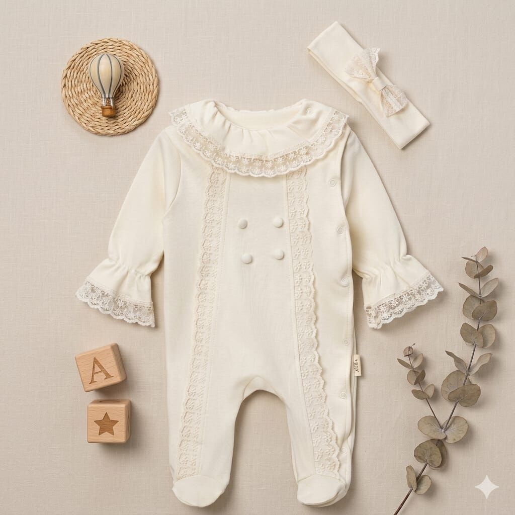 Büzgü dantel yaka 2'li  set tulum