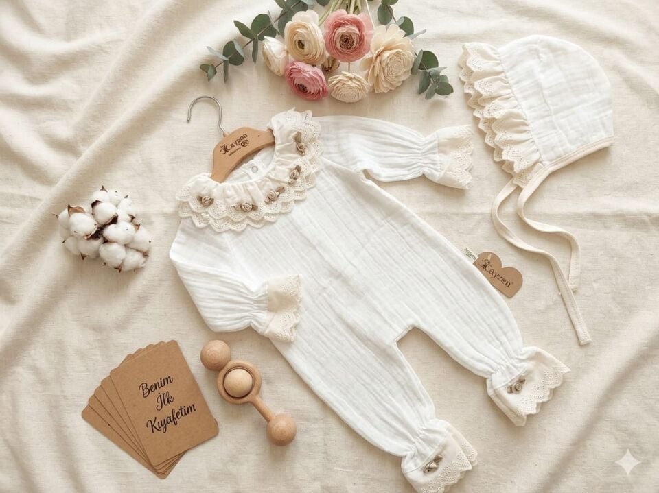 Kız Bebek  Pamuklu Müslin Gül Nakışlı Tulum
