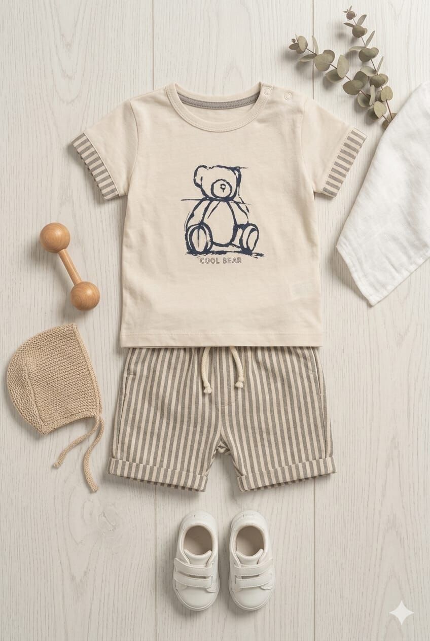 Cool Bear Ayıcık Baskılı Çizgili Şortlu Sevimli Takım