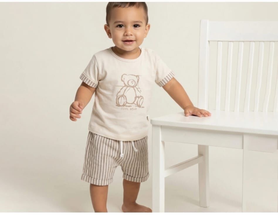 Cool Bear Ayıcık Baskılı Çizgili Şortlu Sevimli Takım