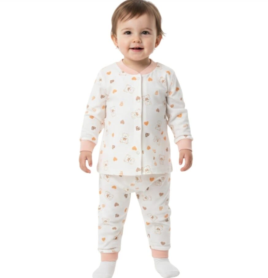 Turuncu Kalp Baskılı Çıtçıtlı Pijama Takımı